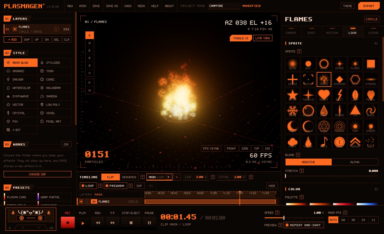 PlasmaGen window: a campfire effect in the viewport, layers and styles on the left, the LOOK inspector on the right, timeline and tape deck below.